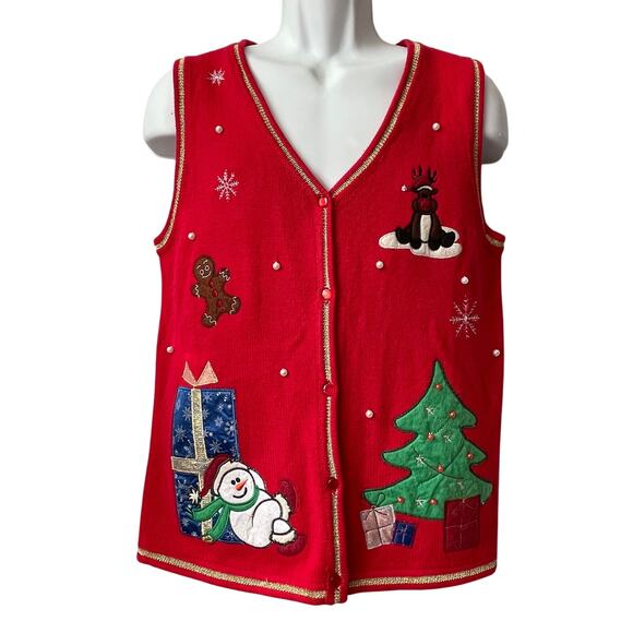 VINTAGE Y2K White Stag Cute Holiday Appliqué Ugly Christmas Sweater Vest Size M - Picture 1 of 5